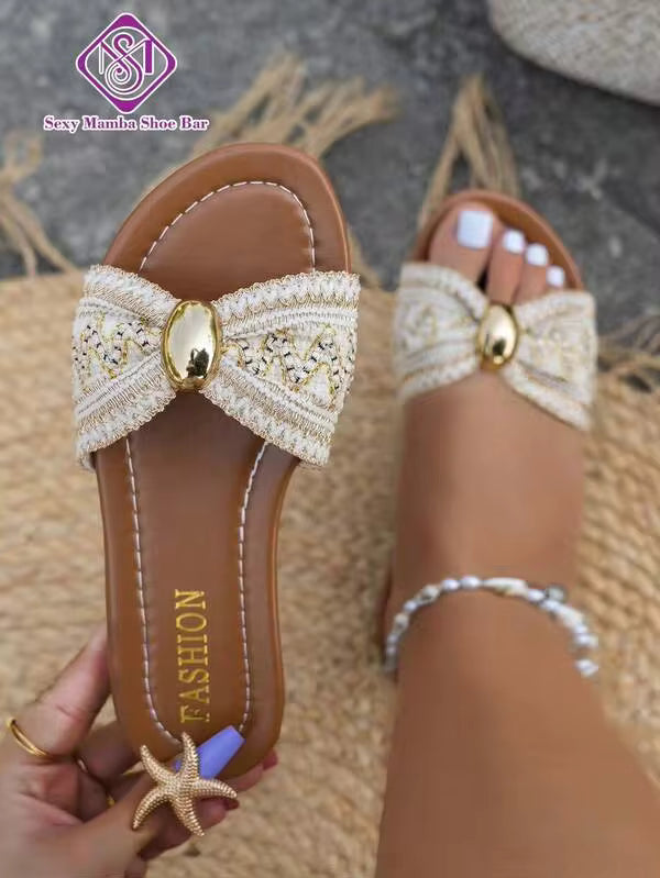 Women's Wide Fit Bow Knot Metal Embellished Flat Sandals, Elegant Slip-On Versatile Vacation Flat Sandals