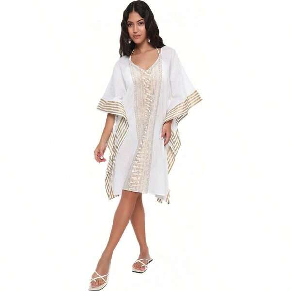 Women's Swimsuit Cover Up Beach Fashion Light Weight Elegant White Cotton Resort Wear Tunic Kaftan Bathing Suit Bikini